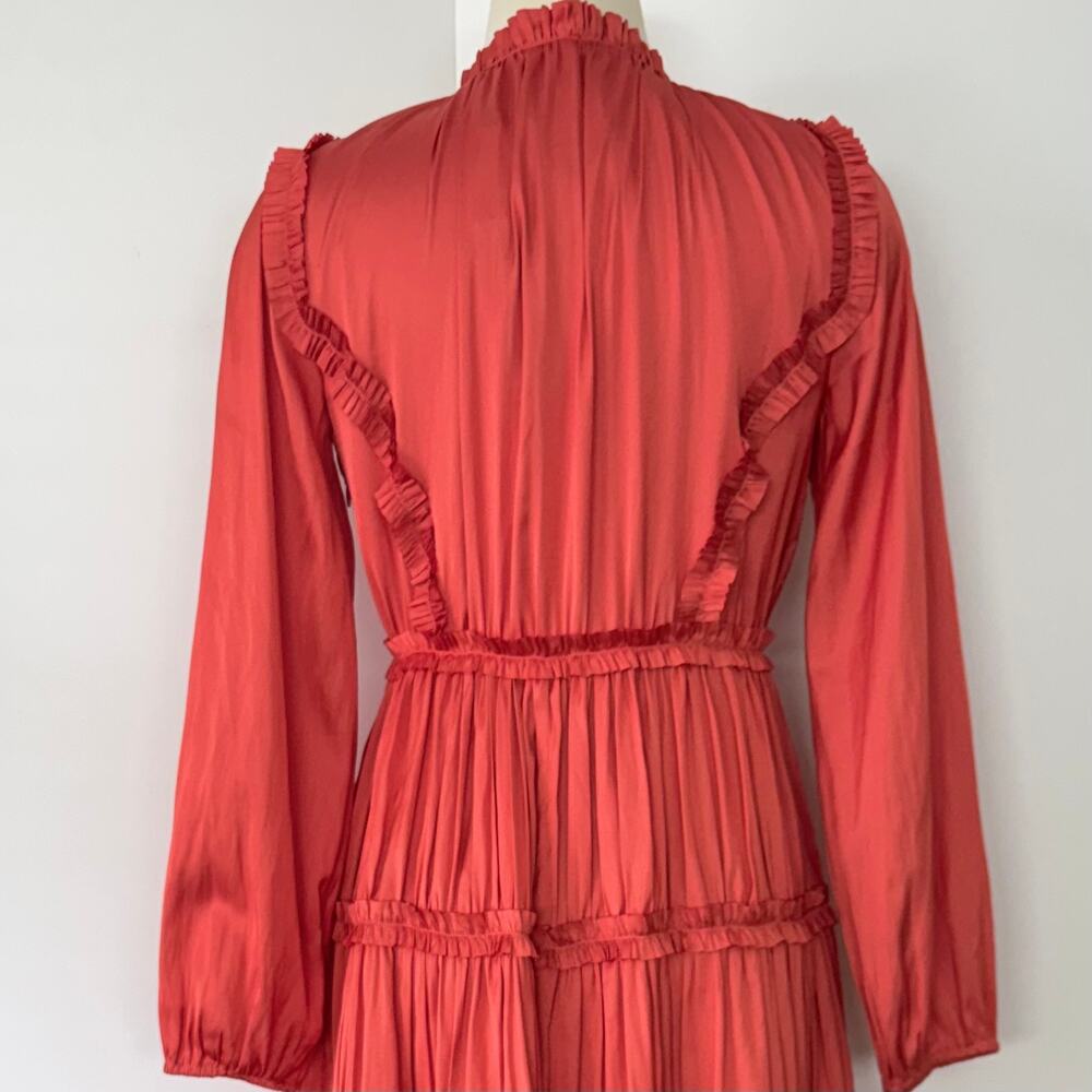 Elie Tahari Satin Ruffle Midi Dress Tiered Long Sleeves in Wild Flower 2 NWT - Picture 8 of 12